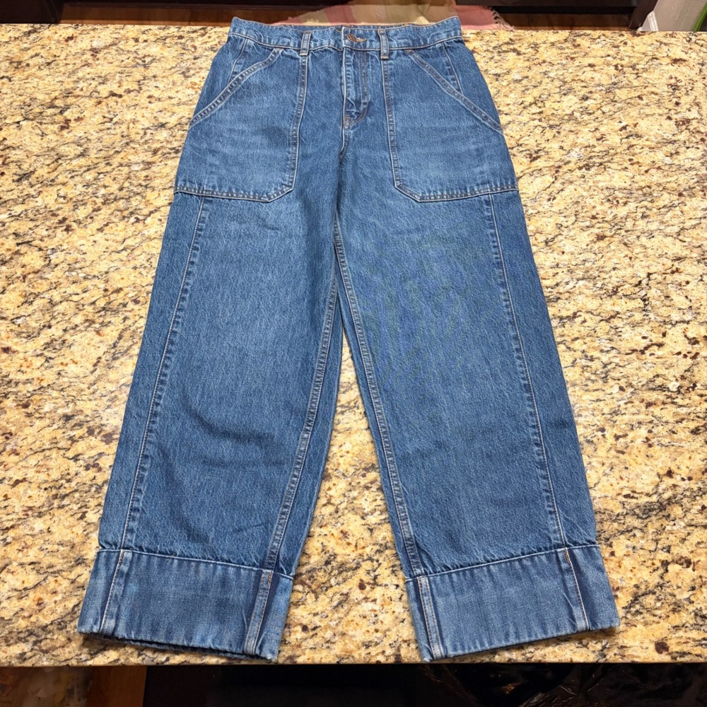 ME+EM Wide Leg Utility Jeans Medium Wash Blue Denim Patch Pocket Size 26